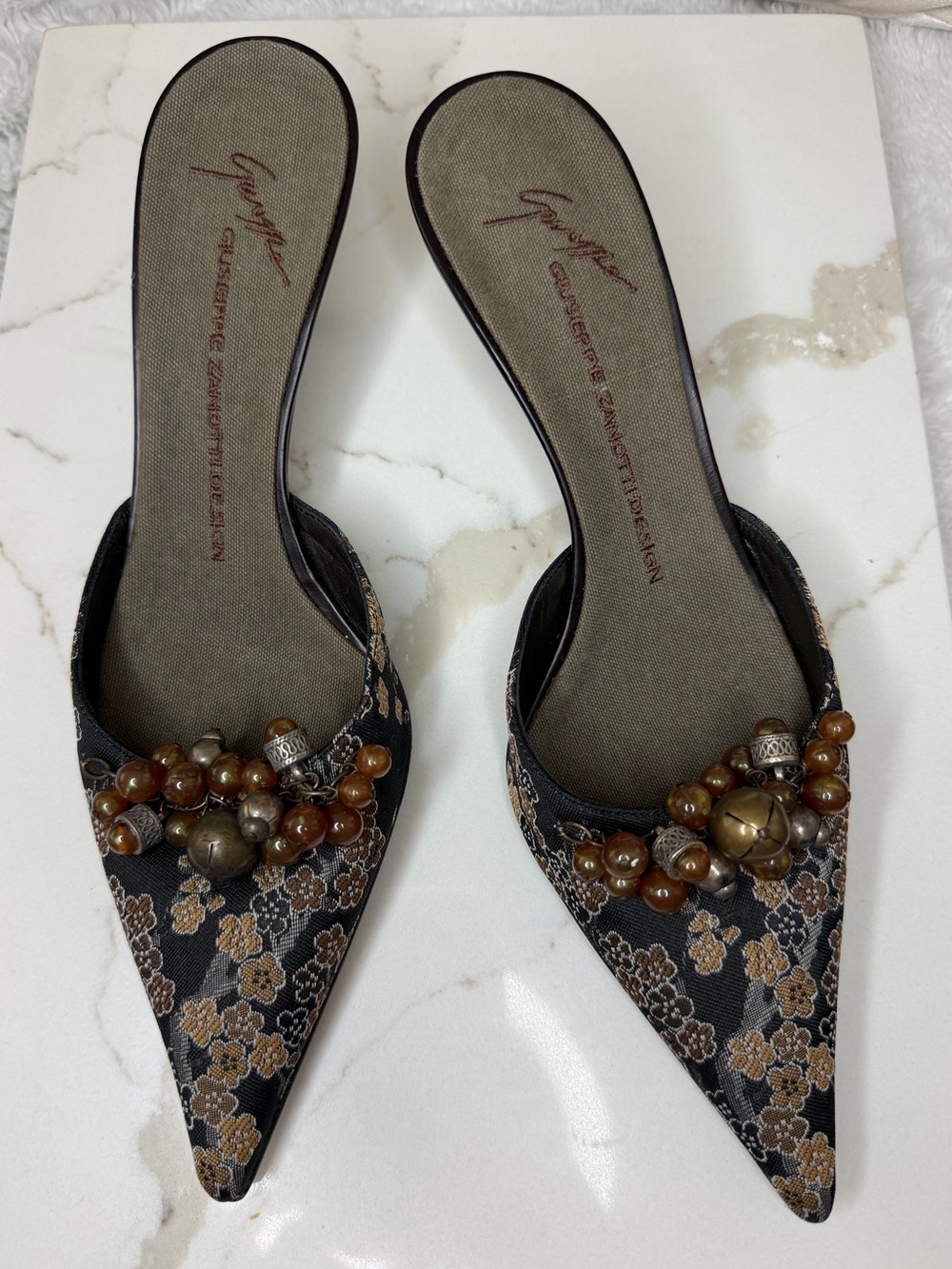 Giuseppe Zanotti Black Pointed Mules with Brown Beaded Embellishment